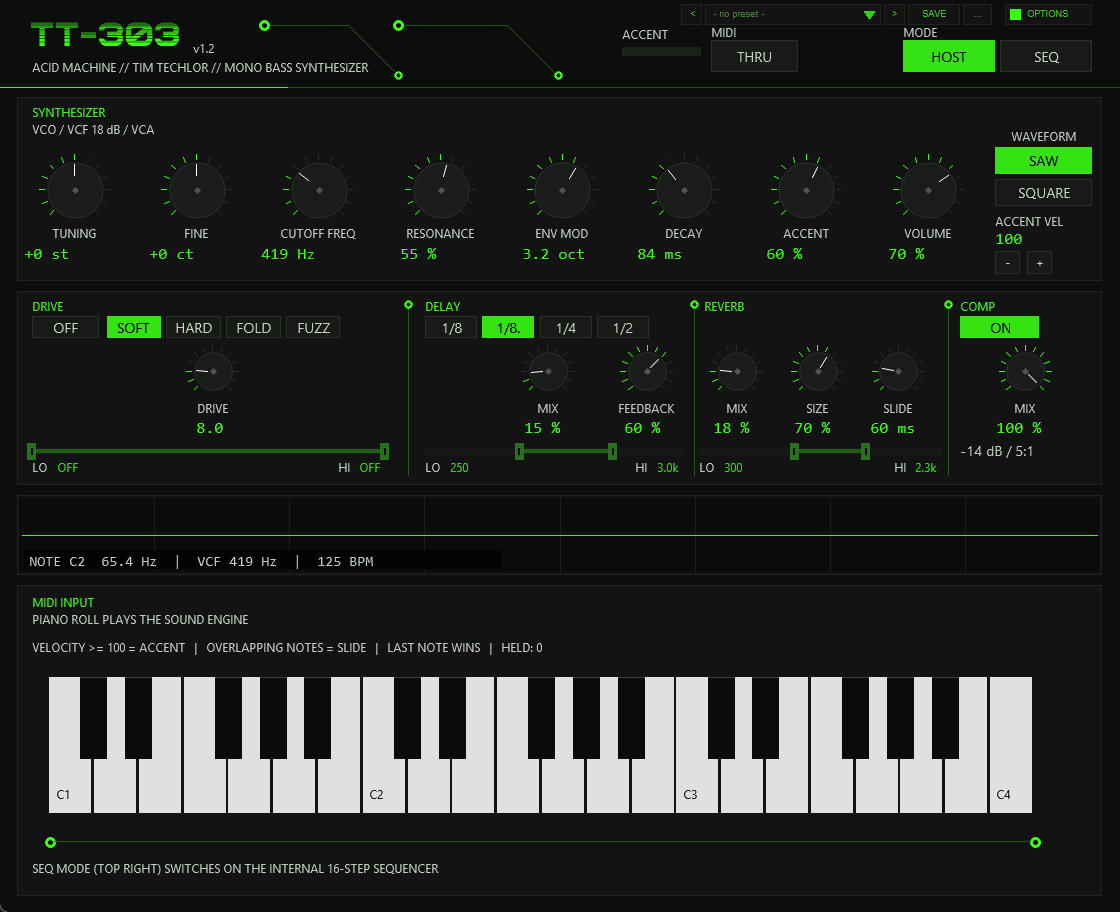 TT-303 front in HOST mode: header with preset bar and OPTIONS, SYNTHESIZER panel with eight knobs, DRIVE / DELAY / REVERB / COMP panel, oscilloscope and a piano keyboard display