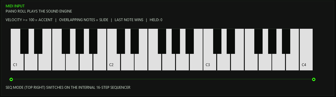 The MIDI INPUT panel in HOST mode: the rule line VELOCITY >= 100 = ACCENT, OVERLAPPING NOTES = SLIDE, LAST NOTE WINS, and a keyboard from C1 to C4