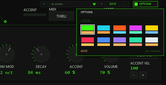 The OPTIONS box open: ten colour swatches in two rows, the factory scheme ACID marked with a white frame and named below