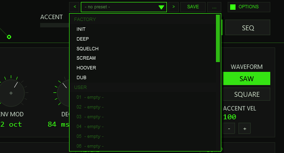 The preset bar with its dropdown open: the FACTORY section with INIT, DEEP, SQUELCH, SCREAM, HOOVER and DUB and the USER section with empty slots