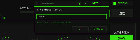 The SAVE PRESET name box with the default name User 01, OK and CANCEL buttons