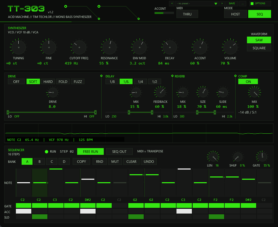 TT-303 front in SEQ mode with FREE RUN running: the sequencer panel shows banks A to D, COPY RND MUT CLEAR UNDO, the LEN SHUF GATE knobs, the note lane and the GATE ACC SLD rows of 16 steps