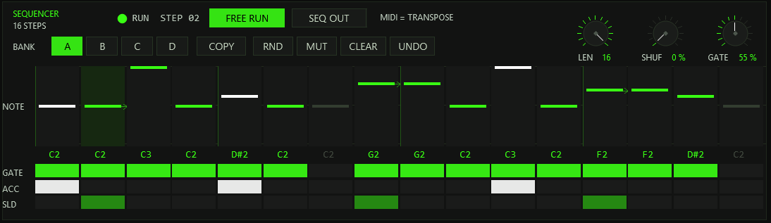 The sequencer panel: RUN indicator with the step number, FREE RUN and SEQ OUT switches, the MIDI = TRANSPOSE note, bank buttons A to D, COPY RND MUT CLEAR UNDO, the LEN SHUF GATE knobs, the note lane and the GATE ACC SLD rows