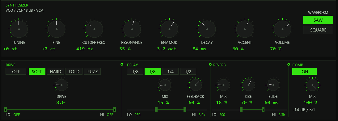 SYNTHESIZER panel and effects panel: eight knobs with value read-outs, waveform switch, accent velocity, DRIVE, DELAY, REVERB and COMP columns with input EQ strips