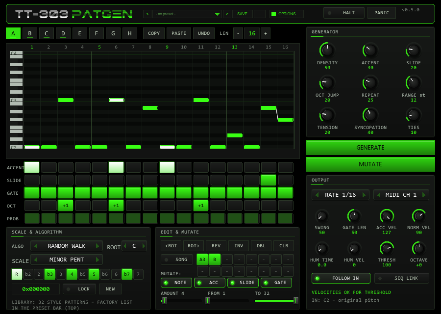 TT-303PATGEN front panel: slot bar, piano roll, accent / slide / gate / octave / probability rows, generator knobs, GENERATE and MUTATE buttons, output panel, scale and edit panels