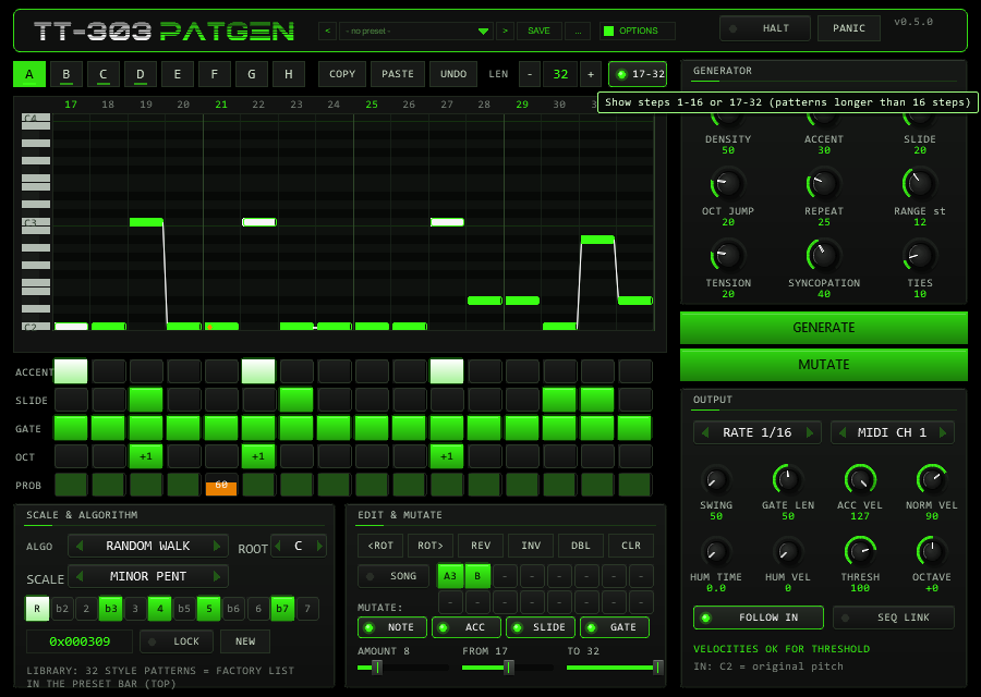 TT-303PATGEN showing steps 17 to 32 of a 32-step pattern with the page switch on 17-32