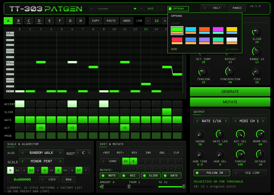 TT-303PATGEN with the OPTIONS box open: ten colour swatches, the factory scheme ACID is marked