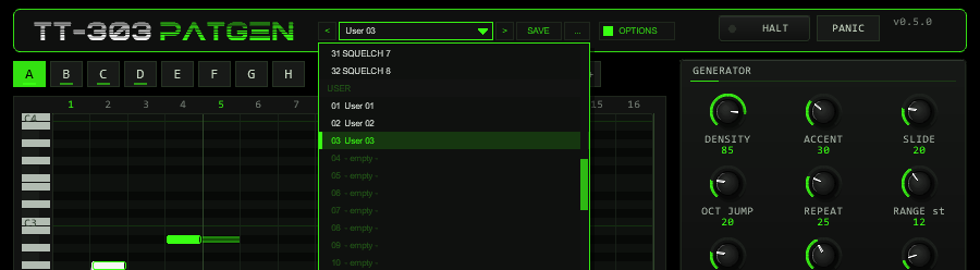 Header of TT-303PATGEN with the preset bar: previous, preset name with drop-down, next, SAVE and a menu button, left of the OPTIONS button, and the open preset list with FACTORY and USER sections