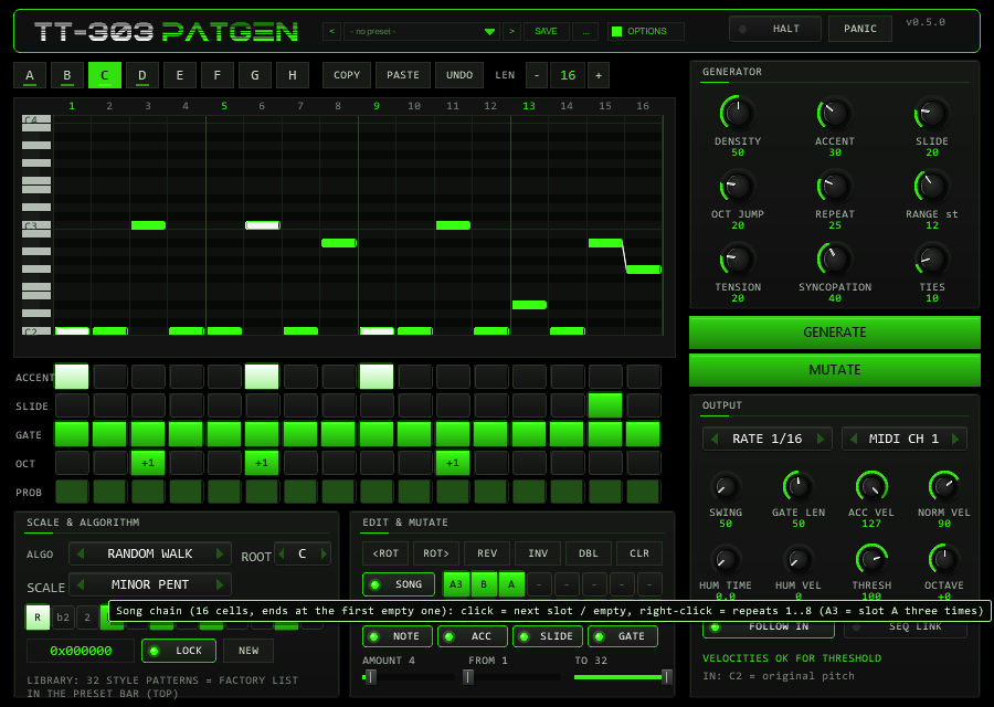 TT-303PATGEN with slot C active after COPY and PASTE, LOCK on, SONG on and a chain of three cells A3 B A