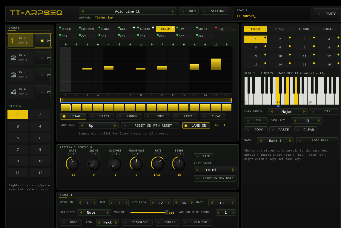 TT-ARPSEQ front panel: TRANSP lane with data, chord memory keyboard, pattern controls