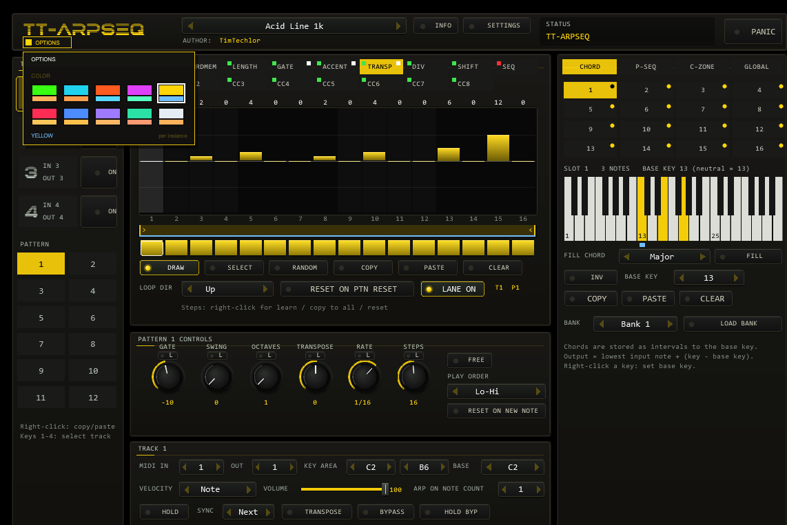 OPTIONS box with the ten colour schemes, YELLOW selected