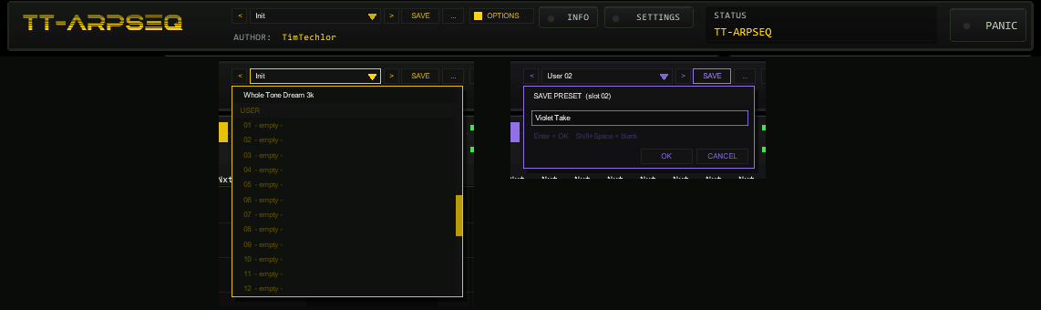 Header of TT-ARPSEQ with the preset bar (previous, name with drop-down, next, SAVE, menu) left of the OPTIONS button, the open preset list with the USER section and the name box of SAVE