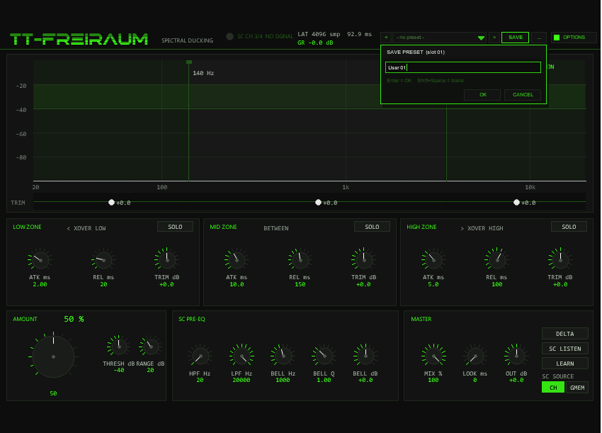 TT-FREIRAUM front panel — spectral display with crossover markers, three zone strips, SC pre-EQ and master section, header with status, preset bar and OPTIONS