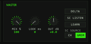 TT-FREIRAUM master section — MIX, LOOK and OUT knobs, DELTA/SC LISTEN/LEARN buttons, SC SOURCE CH/GMEM toggle