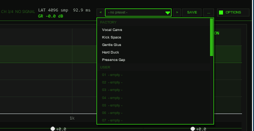 Header of TT-FREIRAUM with the preset bar left of the OPTIONS button and the open preset list with the FACTORY section (five factory presets) and the USER section