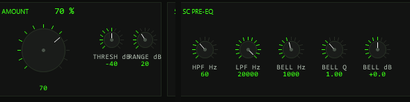 TT-FREIRAUM AMOUNT/THRESH/RANGE panel and SC PRE-EQ panel with HPF, LPF, BELL Hz, BELL Q and BELL dB knobs