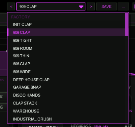 TT-HYPERCLAP preset bar with the factory dropdown open