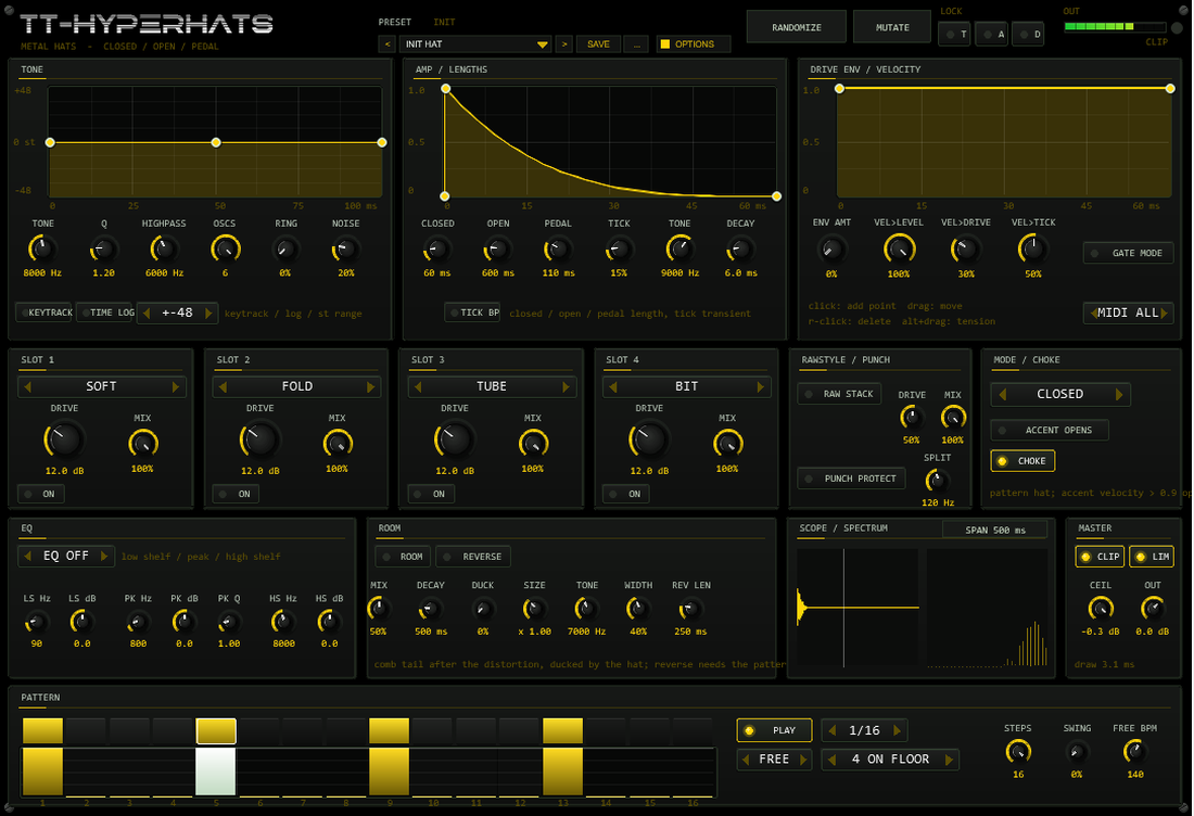TT-HYPERHATS front panel: tone, amp and drive curve editors, distortion slots, room, scope and pattern player