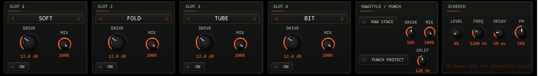 TT-HYPERKICK distortion slots, Rawstyle stack with Punch Protect and screech