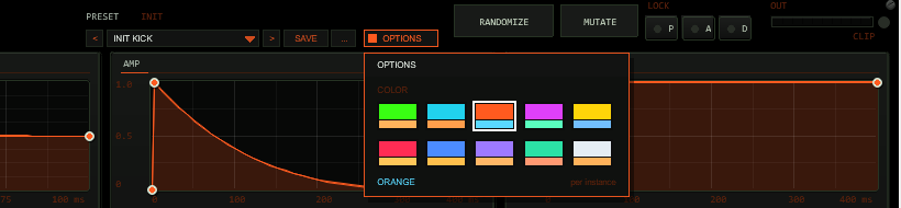 TT-HYPERKICK header with the OPTIONS box open: ten colour schemes