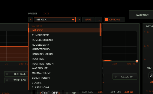 Header of TT-HYPERKICK with the preset bar: previous, preset name with drop-down, next, SAVE and a menu button, left of the OPTIONS button, and the open preset list with the FACTORY section