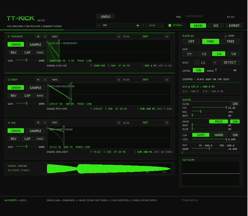 TT-KICK v0.11.0 main page — three segment lanes with waveform editors and lane preset browsers, the FUSION row, player panel and master rack