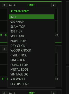 TT-KICK lane preset dropdown open on S1 TRANSIENT: INIT highlighted plus 14 entries from 909 SNAP to REVERSE TAP