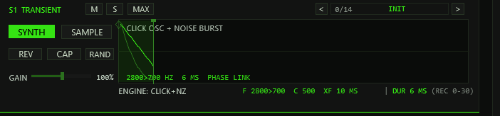 S1 TRANSIENT lane with the click oscillator plus noise burst engine