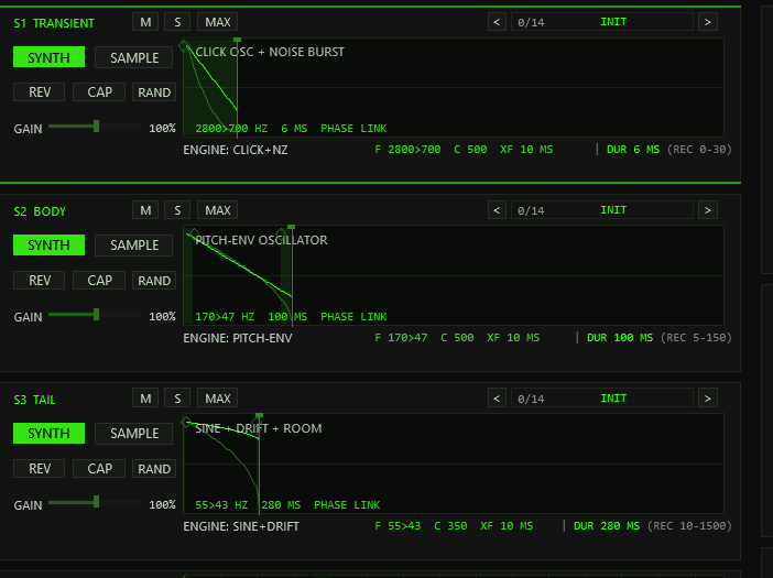 The three segment lanes S1 TRANSIENT, S2 BODY, S3 TAIL with synth engines armed
