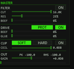The master rack: filter, drive with punch protect, clipper and output gain