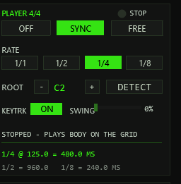 The player panel: on/sync/free, rate, root note with detect, keytrack and swing, plus the live BPM-to-milliseconds reference