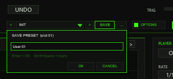 The SAVE PRESET name box of TT-KICK with the default name User 01, OK and CANCEL