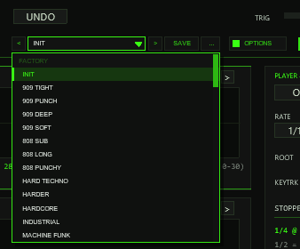 Header of TT-KICK with the preset bar in the second header row: previous, preset name with drop-down, next, SAVE and a menu button, left of the OPTIONS button, and the open preset list with the FACTORY section