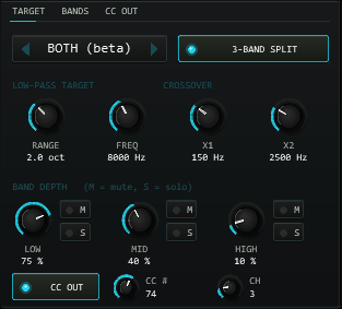 TARGET / BANDS / CC OUT panel with the 3-band split enabled, crossover knobs and per-band depth with mute and solo