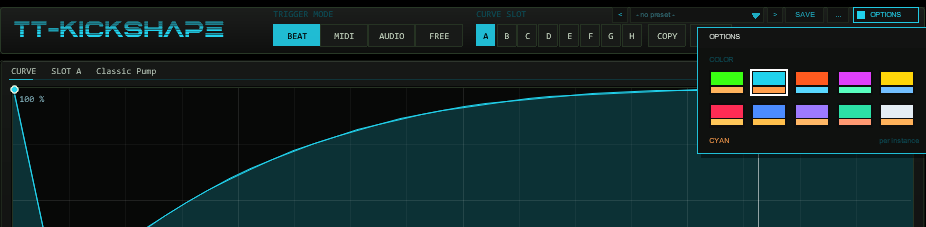 TT-KICKSHAPE header with the OPTIONS box open: ten colour swatches, the factory scheme CYAN is marked
