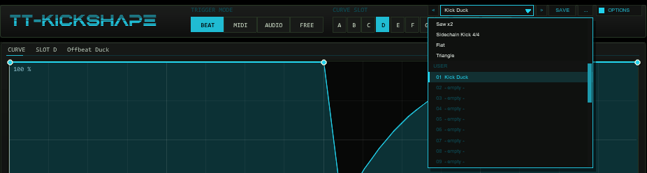 Header of TT-KICKSHAPE with the preset bar: previous, preset name with drop-down, next, SAVE and a menu button, left of the OPTIONS button, and the open preset list with FACTORY and USER sections