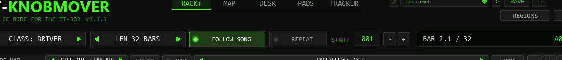 Header and top row: wordmark, preset bar, OPTIONS, PANIC, class, length, follow song, repeat, start bar and the position display