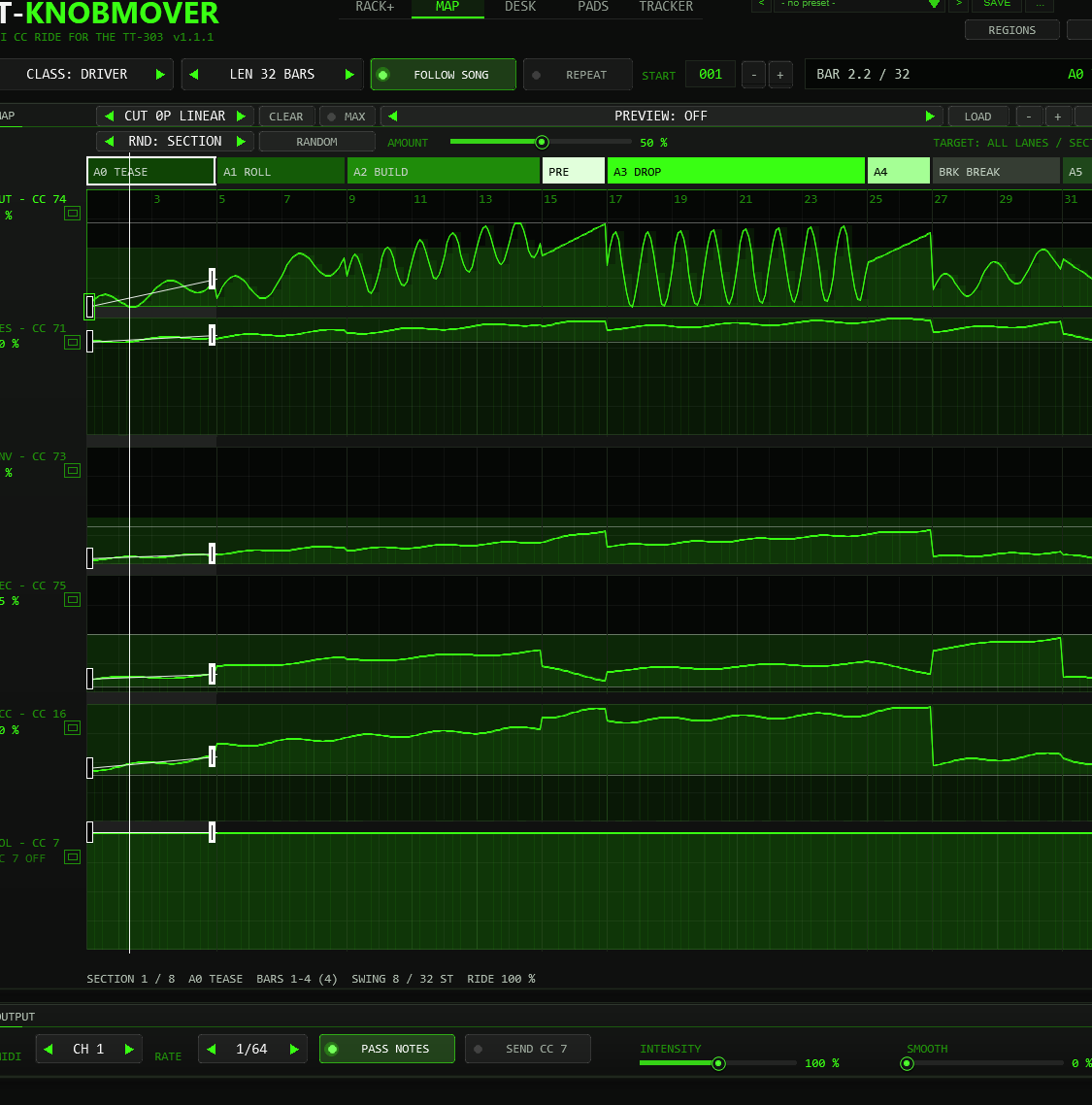 MAP view: the section band above six tall lanes for cutoff, resonance, env mod, decay, accent and volume