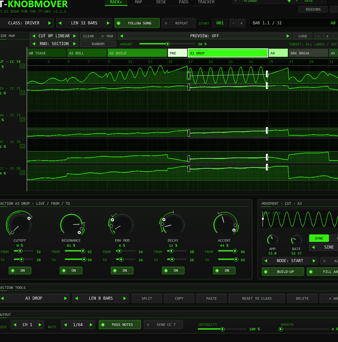 TT-KNOBMOVER with the preset Driver Single Drop 48 loaded: forty-eight bars with one long build and one drop