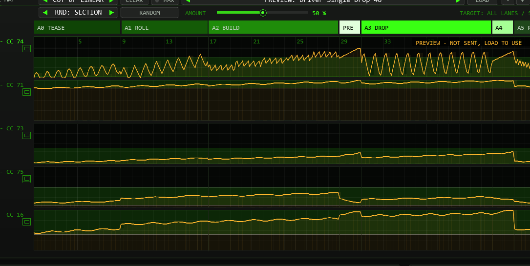 Ride map in preview mode: the curves of a factory preset in orange with the note PREVIEW - NOT SENT
