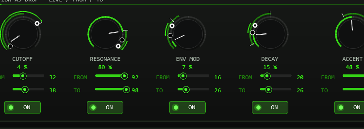 Section panel with five live knobs, each with sweet-spot arc, limit ticks and two ring dots, START and END sliders and ON switches
