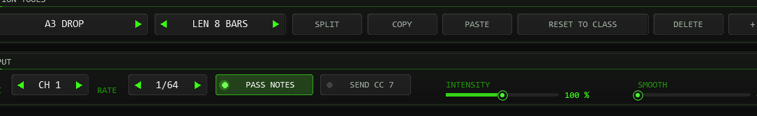 Section tools with type, length, split, copy, paste, reset to class, delete and add, and the output panel with channel, rate, pass notes, CC 7, intensity and smooth