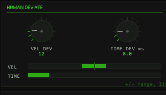TT-LuckyMidiChance HUMAN DEVIATE panel — VEL DEV and TIME DEV knobs with live range bars below