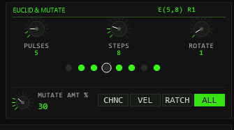 TT-LuckyMidiChance EUCLID & MUTATE panel — PULSES/STEPS/ROTATE knobs, 16 step LEDs, MUTATE amount knob and target buttons