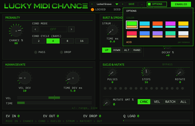 TT-LuckyMidiChance front with the OPTIONS box open: ten colour schemes, the factory scheme ACID is marked
