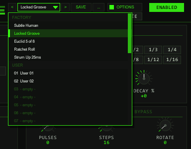 Header of TT-LuckyMidiChance with the preset bar (previous, name with drop-down, next, SAVE, menu) left of OPTIONS and the open preset list with the FACTORY and USER sections