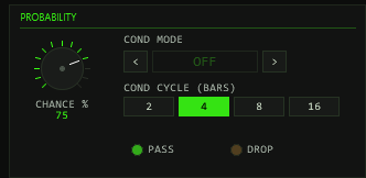 TT-LuckyMidiChance PROBABILITY panel — CHANCE knob at 75 %, COND MODE cycler on OFF, COND CYCLE buttons 2/4/8/16, PASS and DROP LEDs