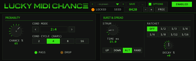 TT-LuckyMidiChance header and top panels during a locked-seed run — amber LOCKED LED, SEED 0420, CHANCE 65, COND 2:4, STRUM ALT, DROP LED lit