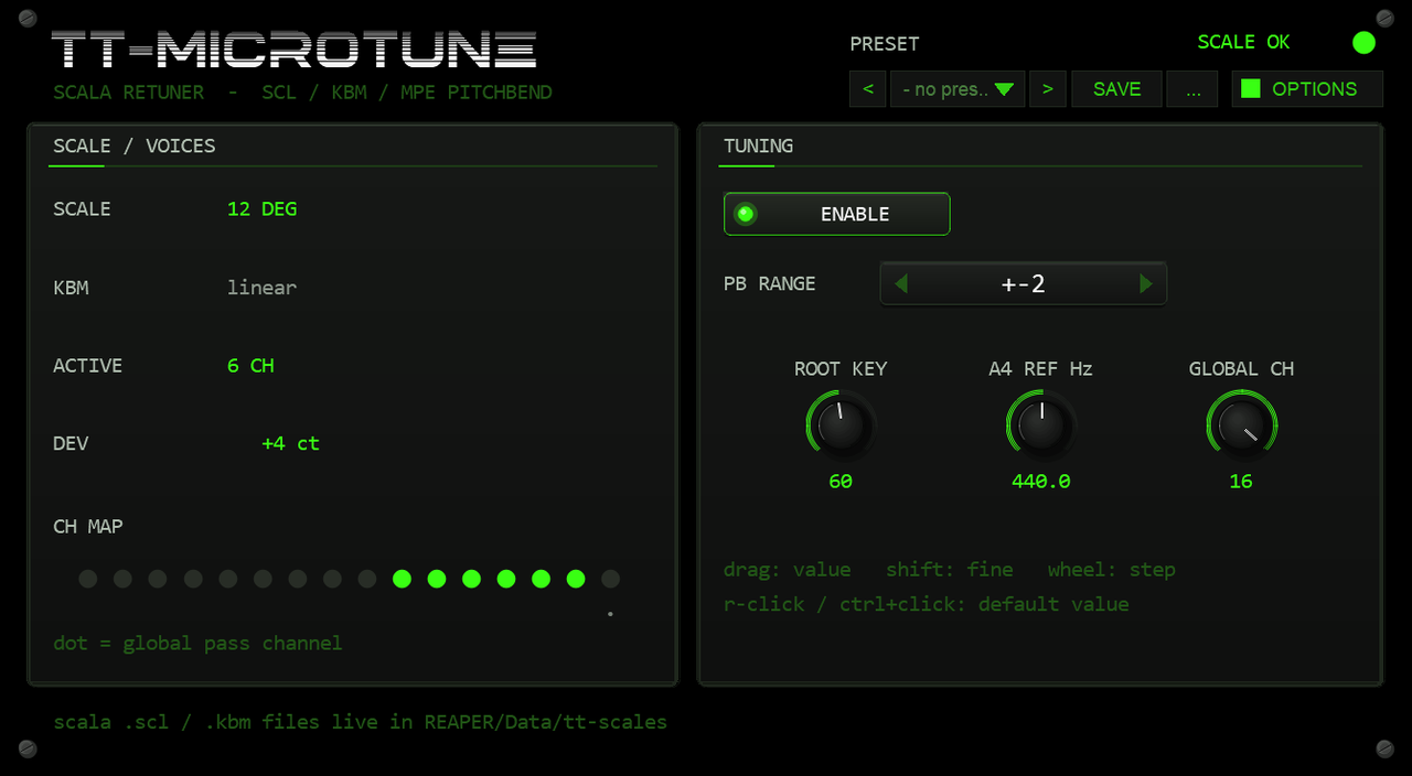 TT-MICROTUNE v1.3.0 front retuning the bundled just-intonation scale live — SCALE OK, SCALE 12 DEG, ACTIVE 6 CH, DEV +4 ct, six CH MAP LEDs lit, PB RANGE set to +-2, preset bar in the header