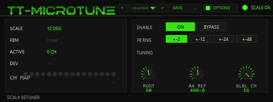 TT-MICROTUNE front panel — SCALE/KBM/ACTIVE/DEV readouts and CH MAP LEDs on the left, ENABLE/PB RNG buttons and TUNING knobs on the right, SCALE OK status, preset bar and OPTIONS in the header
